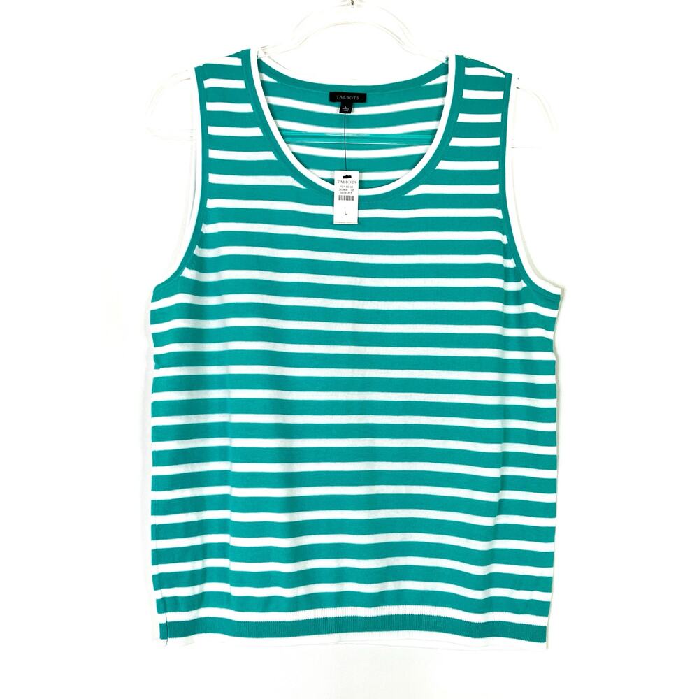 Talbots Teal White Stripe Sweater Vest Tank Top Cotton Blend NWT Womens Large
